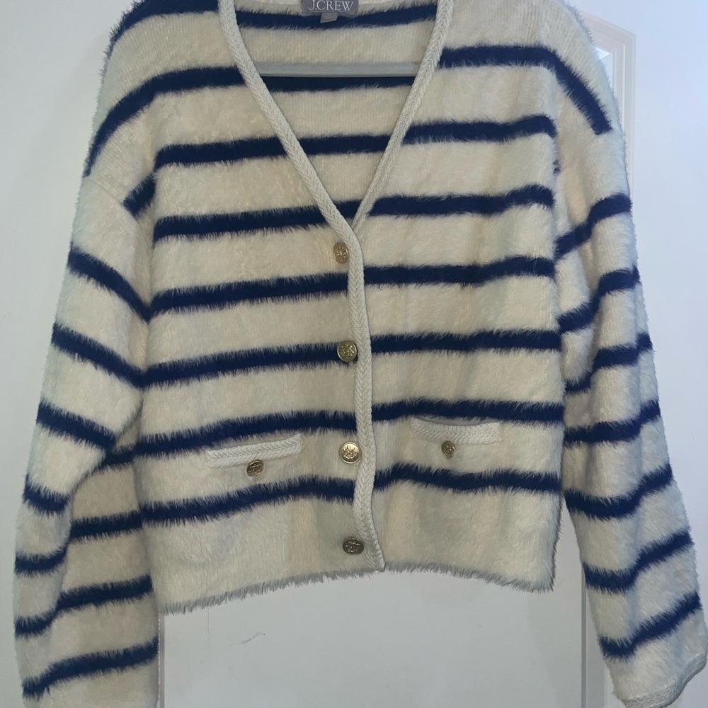 J. Crew Fuzzy Cream and Navy Striped Cardigan
